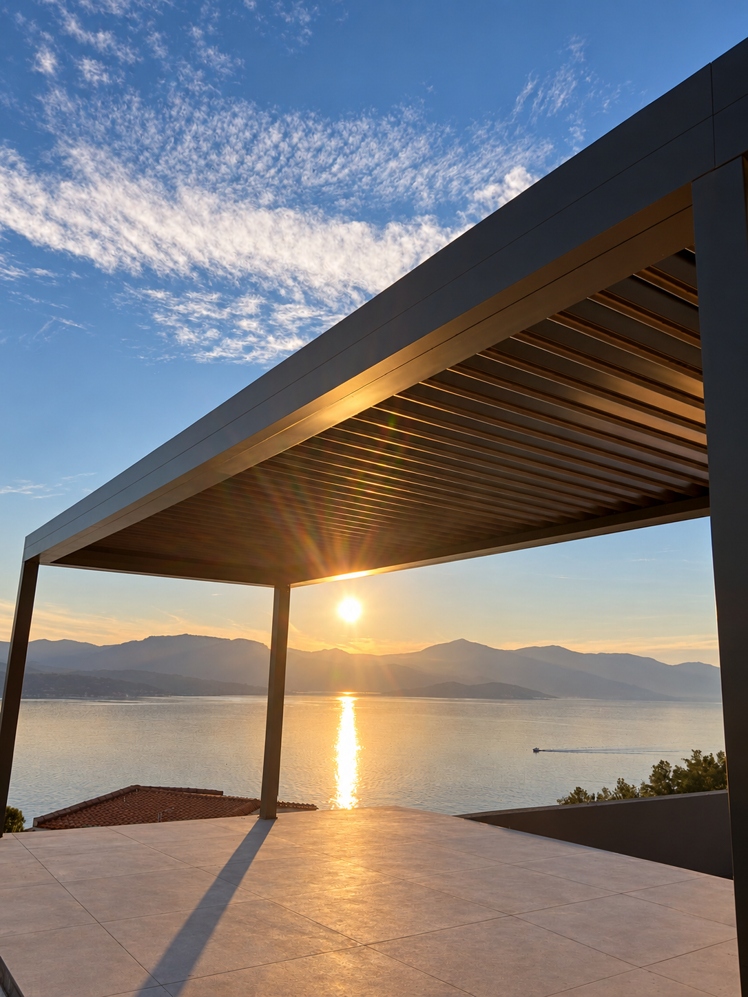 COSPICON pergola overlooking the water at sunset
